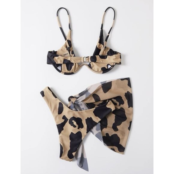 Shein 3 piece Cow Print Bikini Underwire Swimsuit With Swim Skirt Sarong Size M - Picture 2 of 6